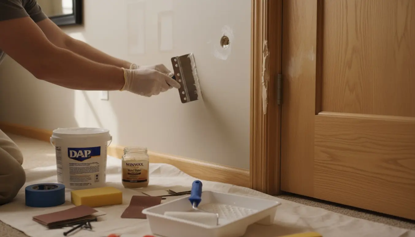 Hænder spartler huller i en væg og reparerer en trædør med spartelmasse i et lyst hjem.