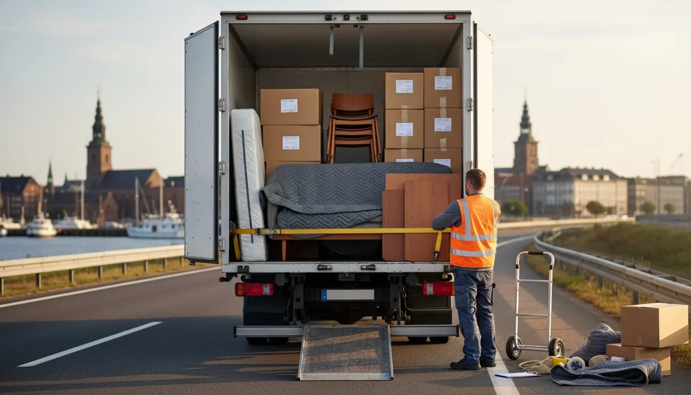 Lastbil med indpakket møblement og en chauffør i refleksvest, klar til levering mod København.