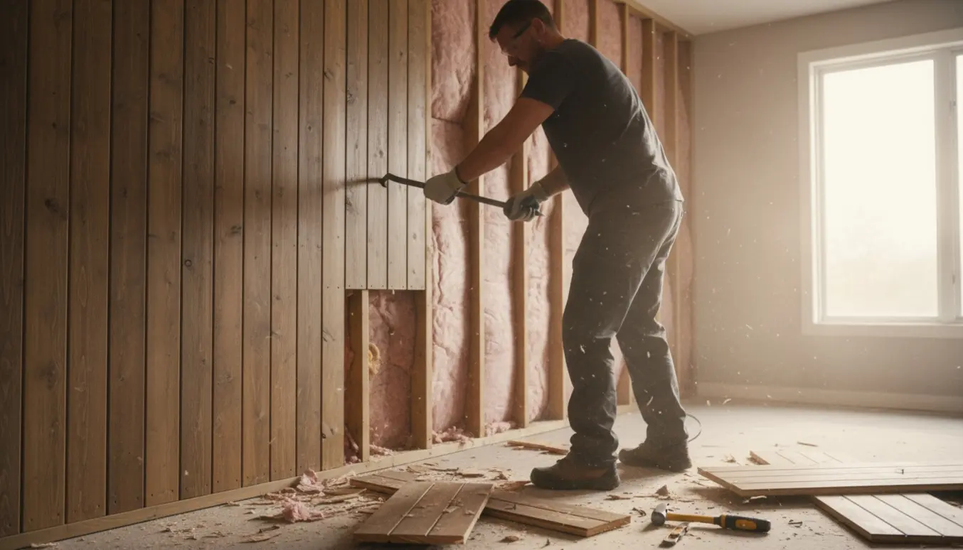 Håndværker fjerner en ikke-bærende trævæg med kofot og hammer, synlige stolper og byggespåner.
