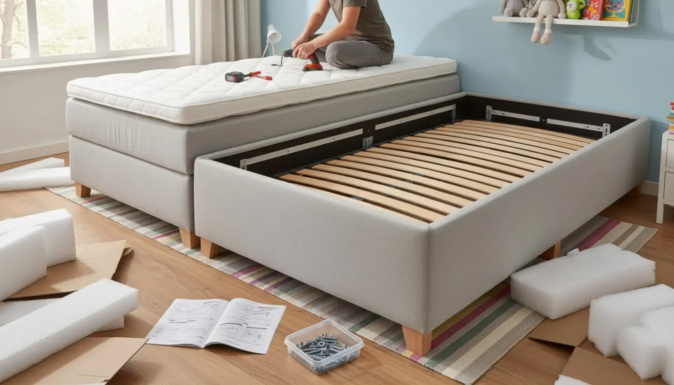 To 120×200 kontinental senge i et børneværelse under samling, hænder monterer stel og madrasser.