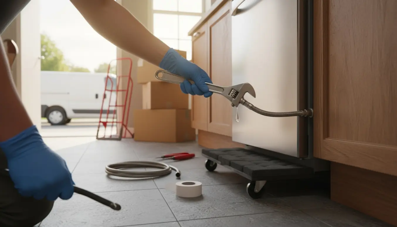 Hænder afmonterer en opvaskemaskine i et køkken ved flytning med værktøj og flyttekasser i baggrunden.