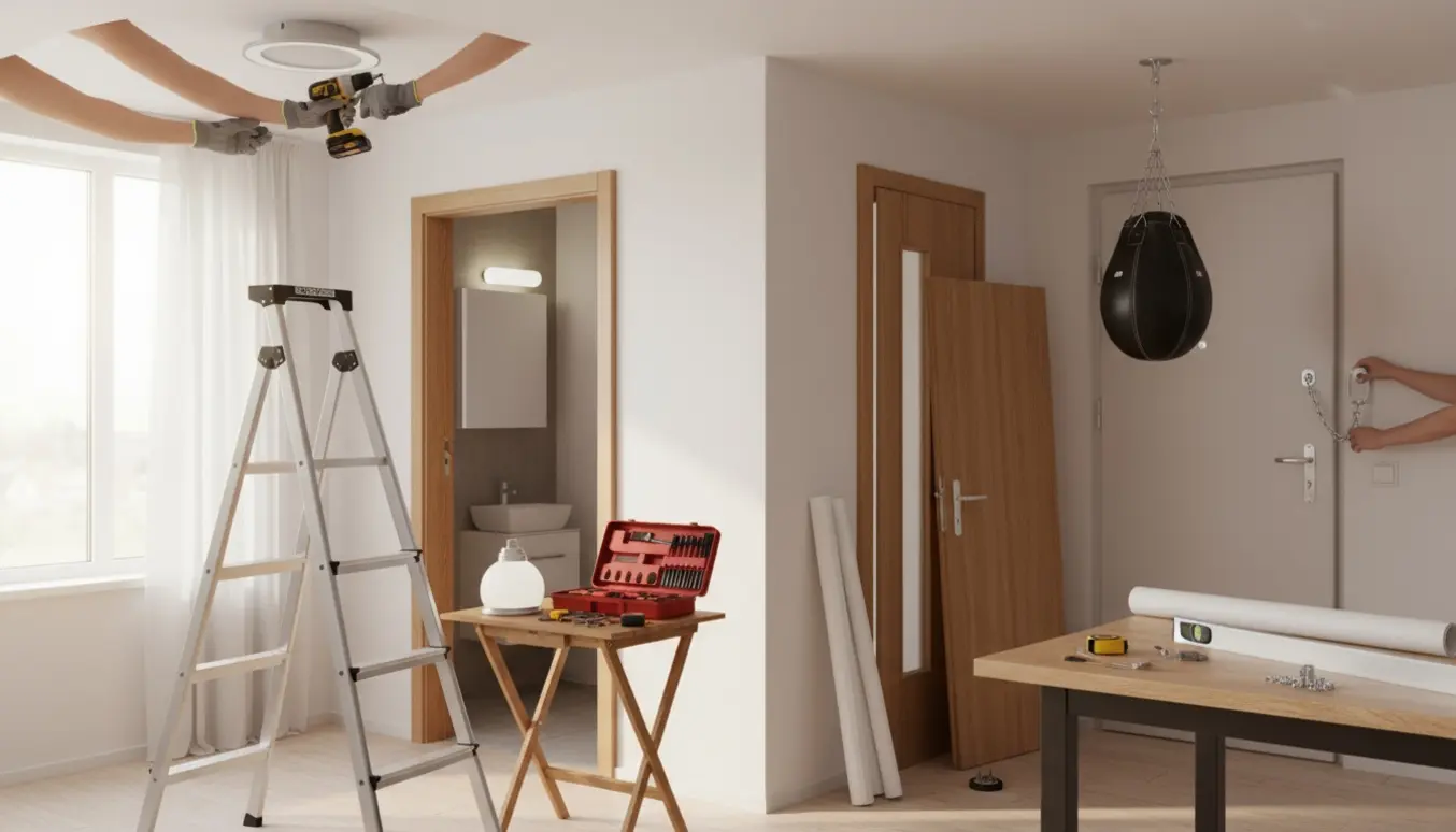 Hænder montører en lampe og opsætter døre, rullegardin og boksesæk i en lejlighed med værktøj og reservedele klart.