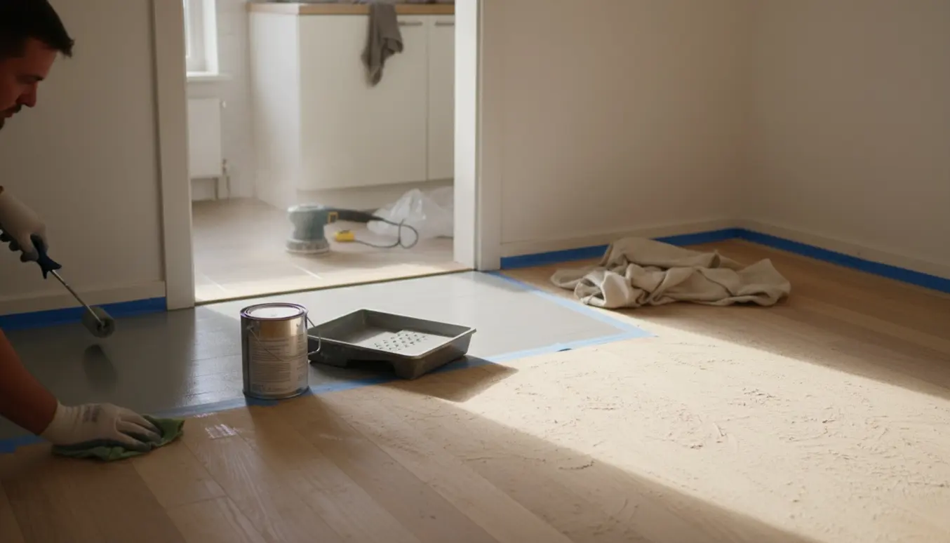 Soveværelsesgulv delvist slebet og grundet med maleruller, tape og slibemaskine synlig i køkkenet.