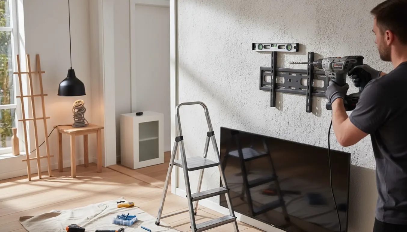 En håndværker monterer et tv på en ydervæg med værktøj og materialer til ophæng af knagerække, lampe og badeværelsesskab.