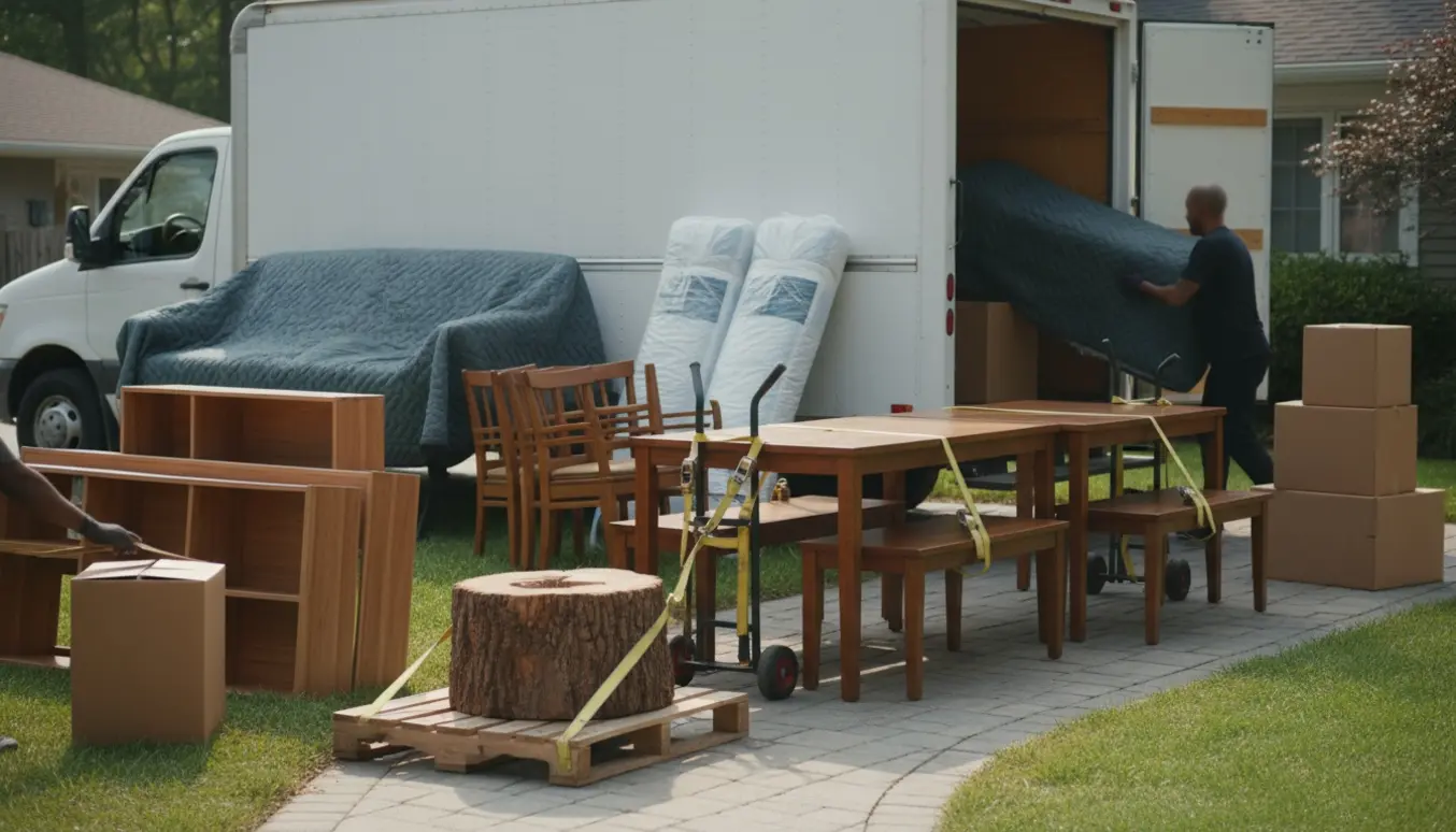 Flyttefolk læsser møbler og flyttekasser ved en flyttebil med møbler dækket af tæpper og en stor træstub på en palle.
