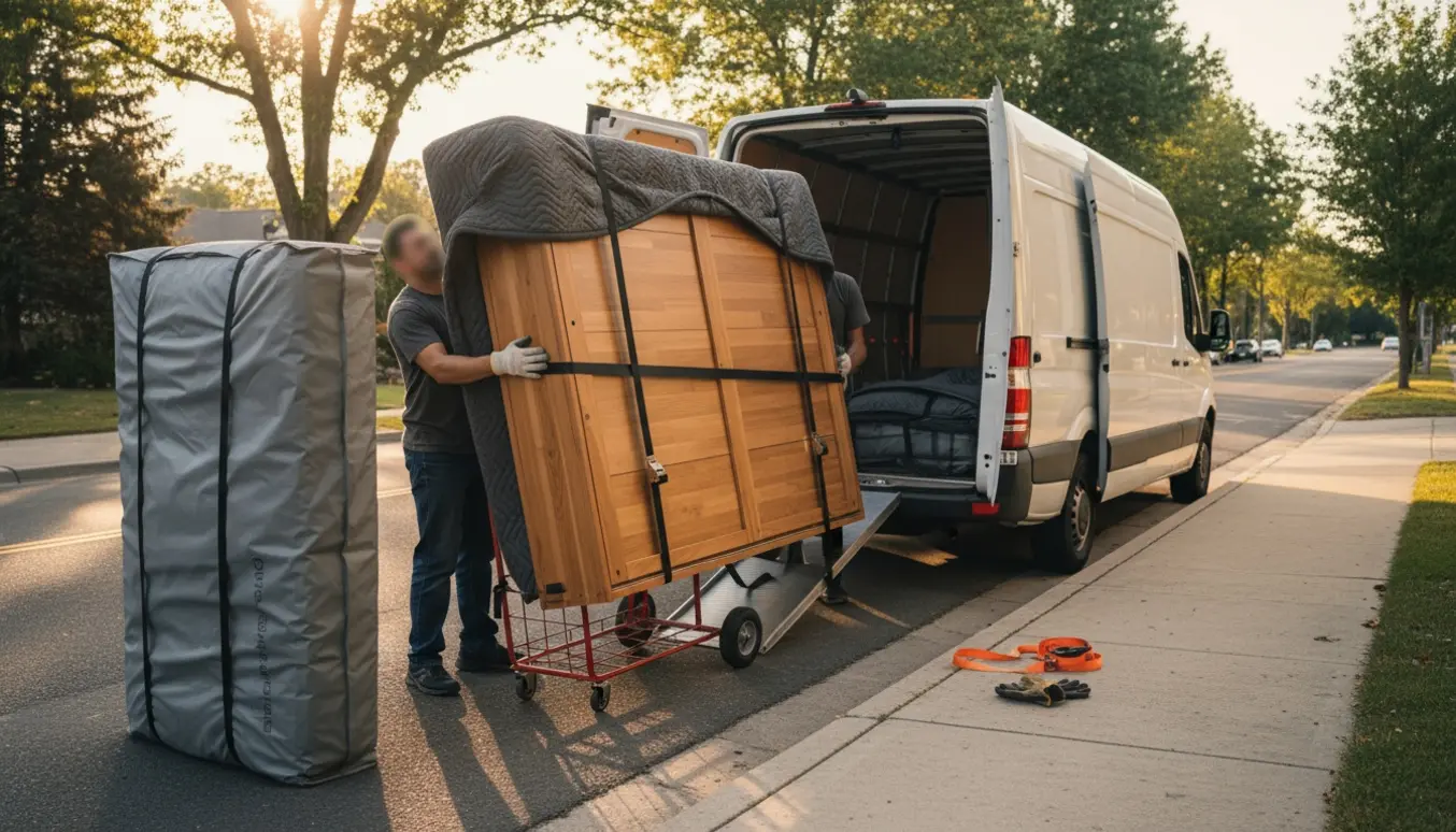 To flyttemænd løfter en skabseng og madras ind i en flyttebil på et jævnt fortov uden trapper.