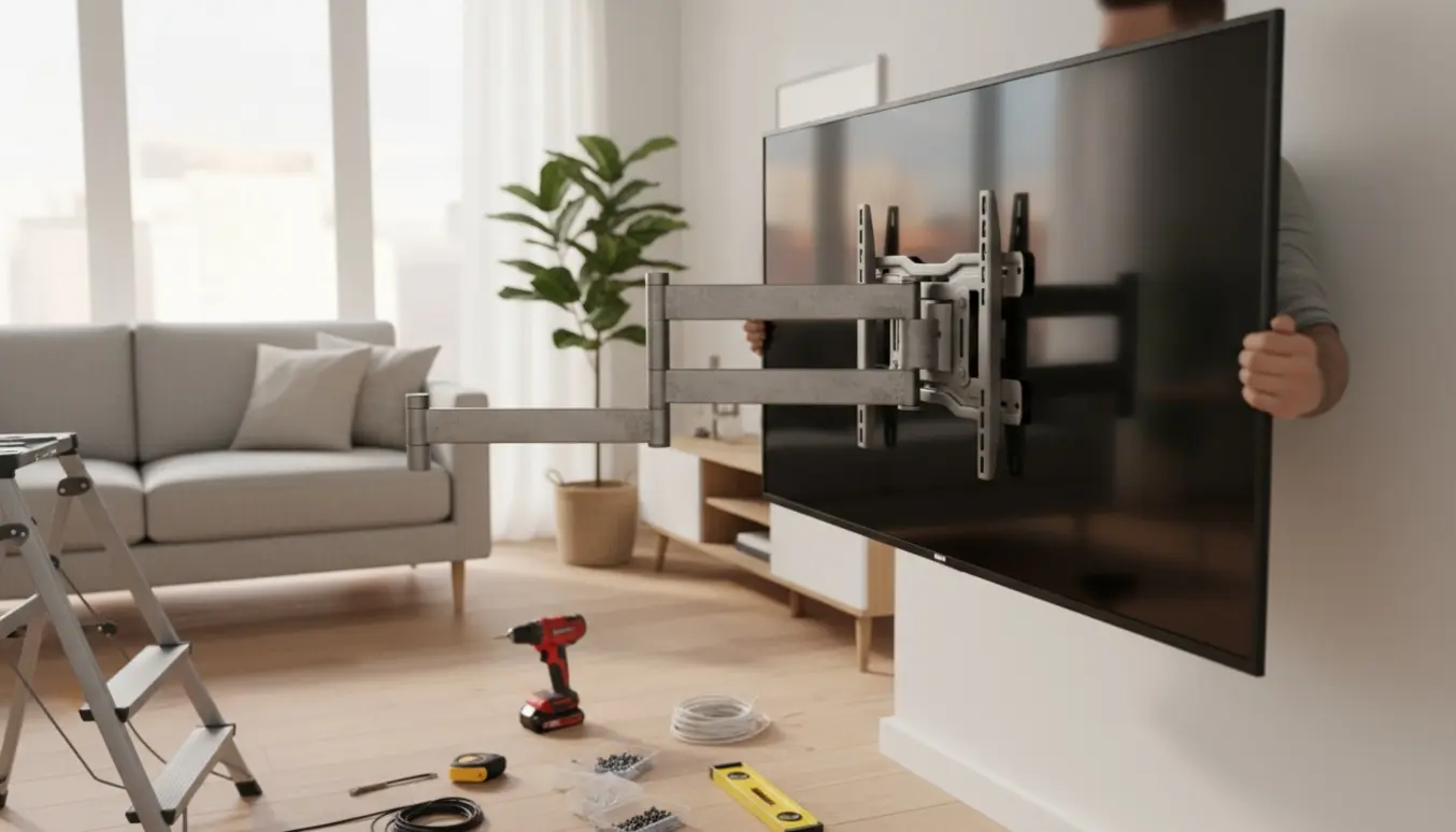 Stor fladskærm monteres på et fuldt bevægeligt vægbeslag i en lys stue med værktøj på gulvet.