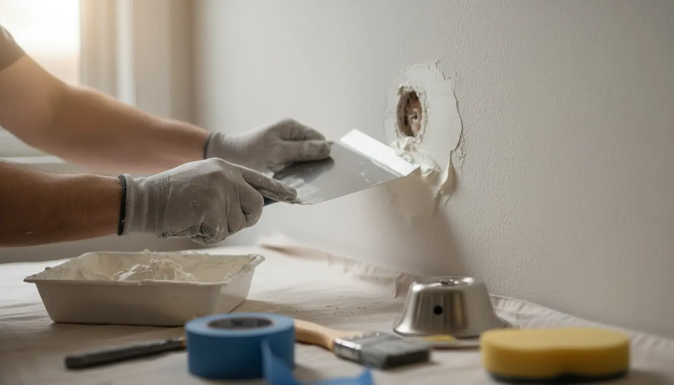 Nærbillede af en spartel, der glatter frisk spartelmasse omkring et hul efter et væghængt armatur klar til maling.