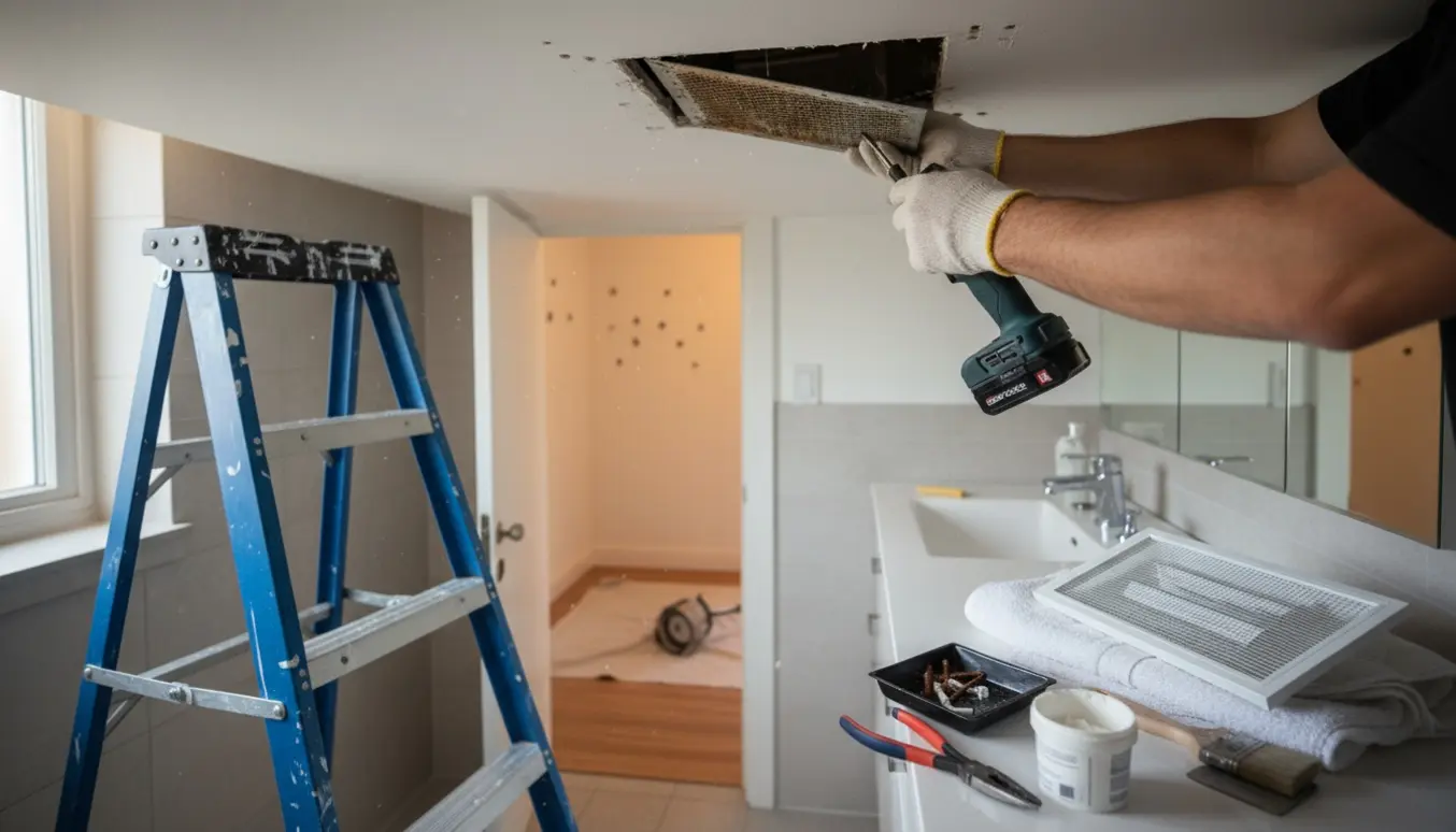 Nærbillede af udskiftning af ventilationsrist i badeværelse med hænder på en stige og værktøj på vasken.