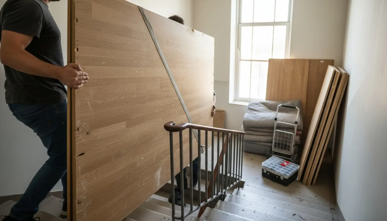 To personer bærer et adskilt klædeskab ned ad en opgang med flyttetæpper og værktøj.