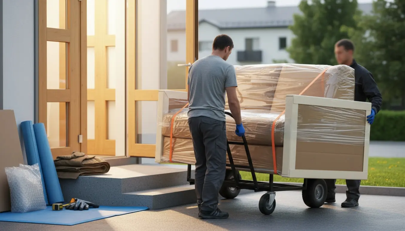 Indpakket ny sofa bæres fra en flyttevogn ind i en lejlighed af to hjælpere med tralle og bærestrop.