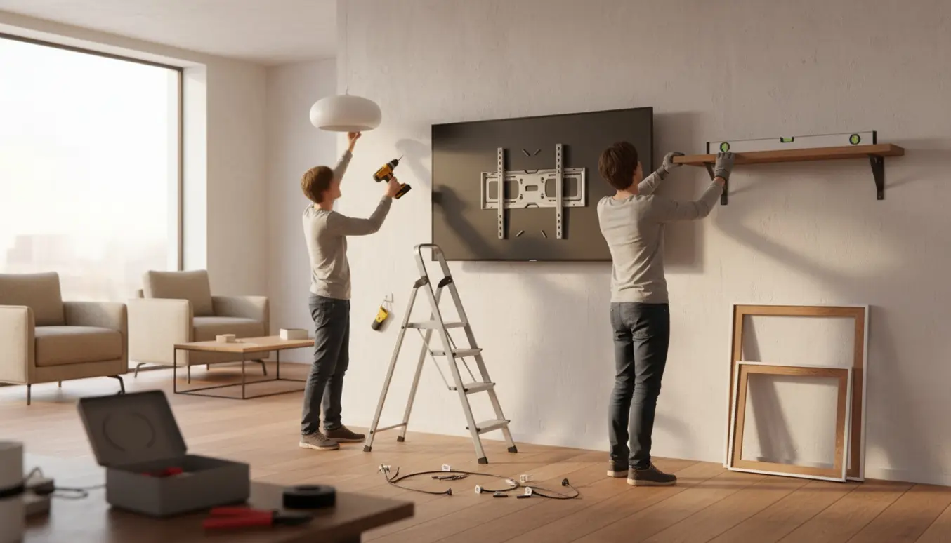 Handyman monterer TV, lamper og hylder i en lys stue uden at ansigtet er synligt.