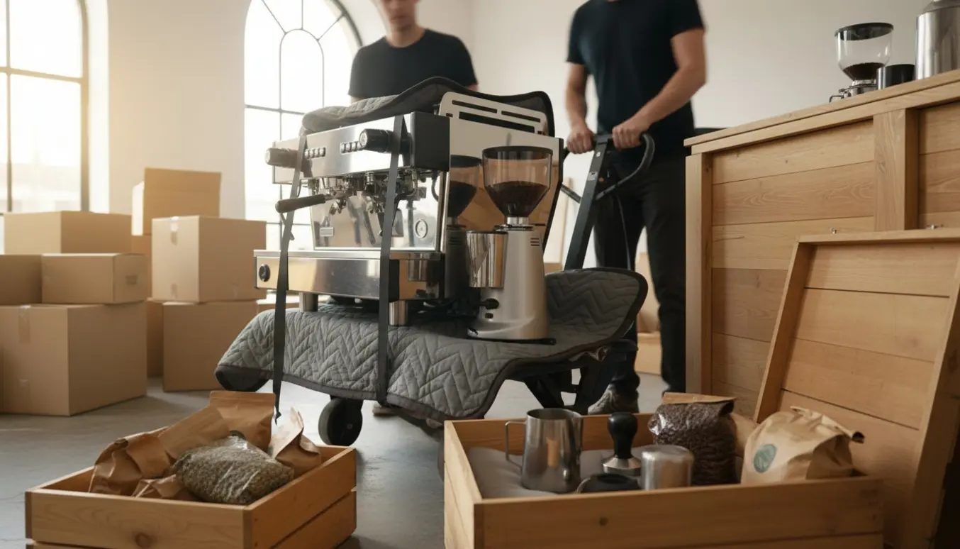 Espressomaskiner og et barbord pakkes og flyttes i en kaffebar med flyttekasser og en sækkevogn.