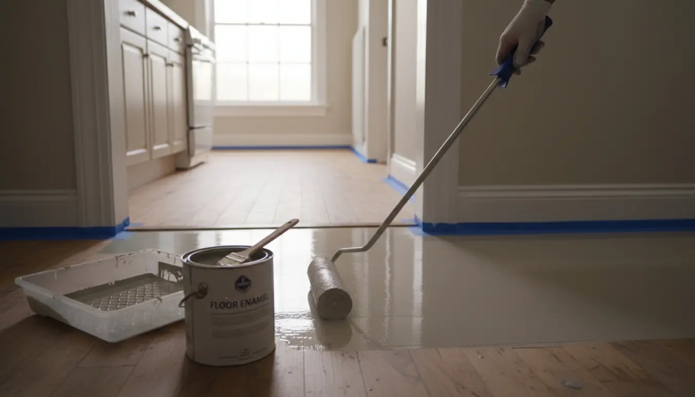 Køkken og gang med frisk malet gulv, malerrulle, malerbakke og malertape.
