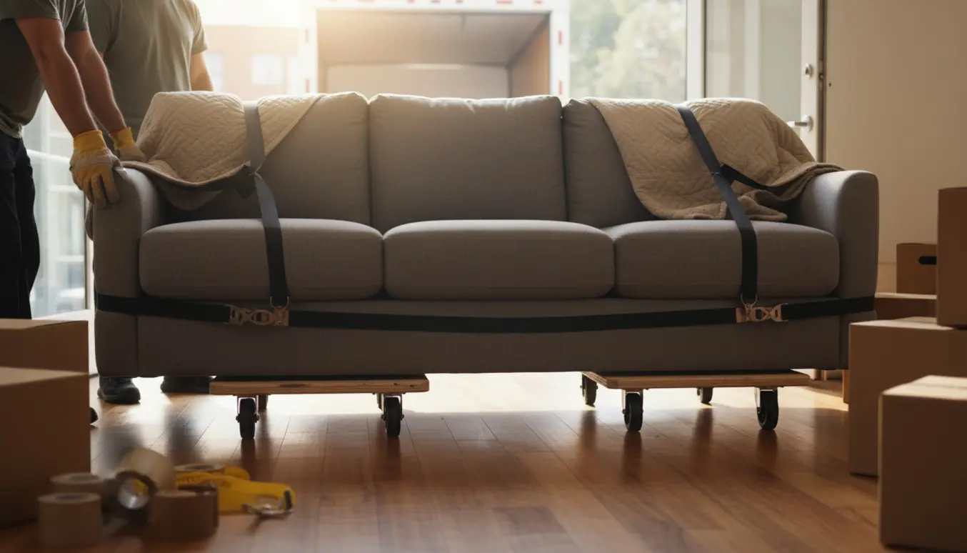 Flyttere løfter en 3-personers sofa dækket af flyttetæpper ud af en lys lejlighed ind i en varevogn.