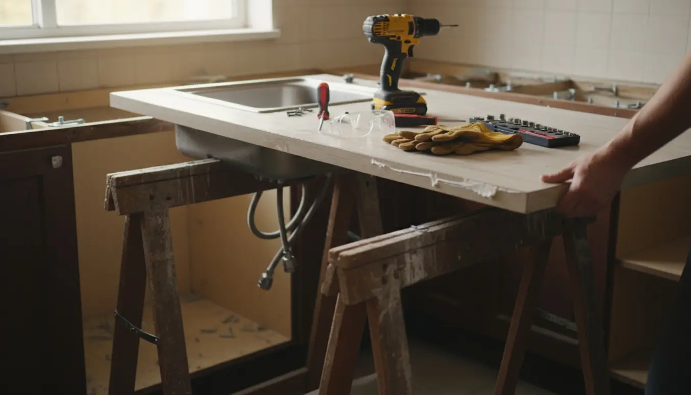 Delvist afmonteret køkkenbordplade på bukke med værktøj og frakoblede vandrør.