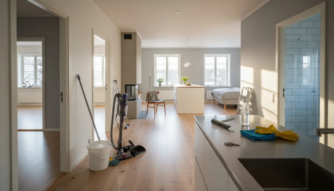 Lyst, nyvasket parcelhusinteriør med rengøringsudstyr i forgrunden og skinnende vinduer.