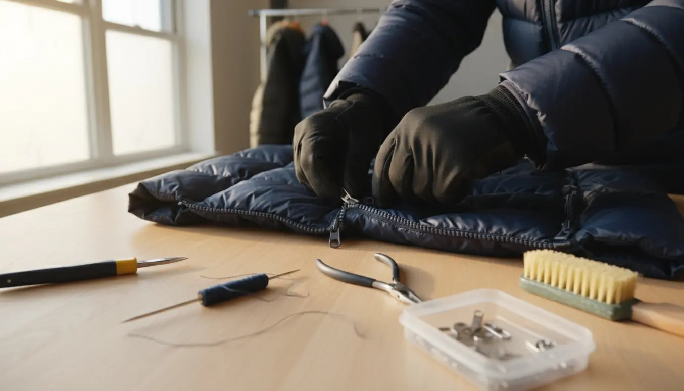 Nærbillede af hænder, der reparerer en ødelagt lynlås på en vinterjakke på et træbord i blødt dagslys.
