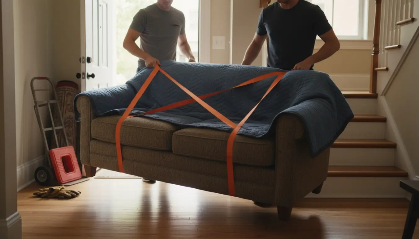 To personer bærer en to-personers sofa ind gennem døren og op ad trappen i klart dagslys.