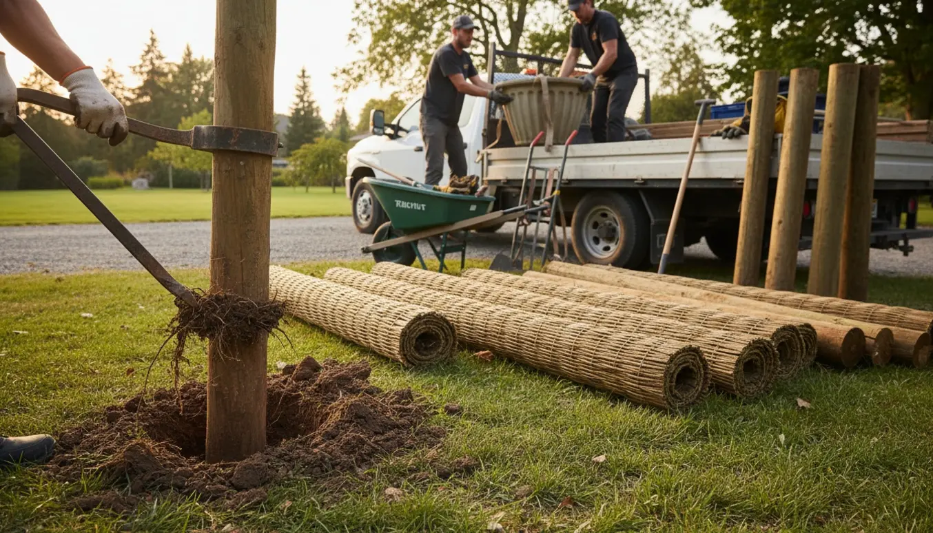 Arbejdere fjerner et langt flethegn og læsser stolper og tre betonkrukker i en trailer ved enden af en have.