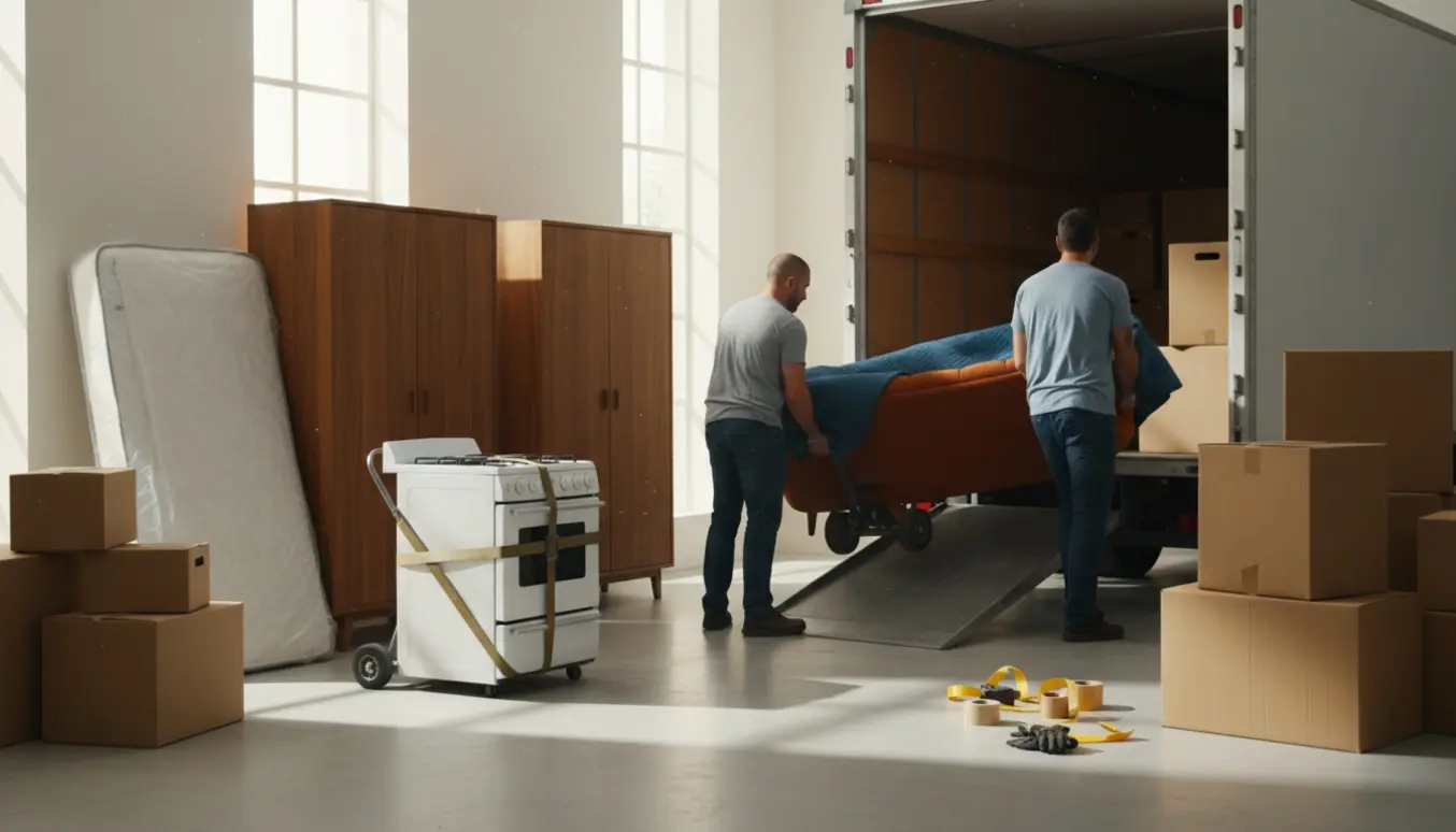 Flyttefolk med skjulte ansigter læsser en sofa, to senge, to skabe, et komfur og flyttekasser ind i en åben flyttebil.