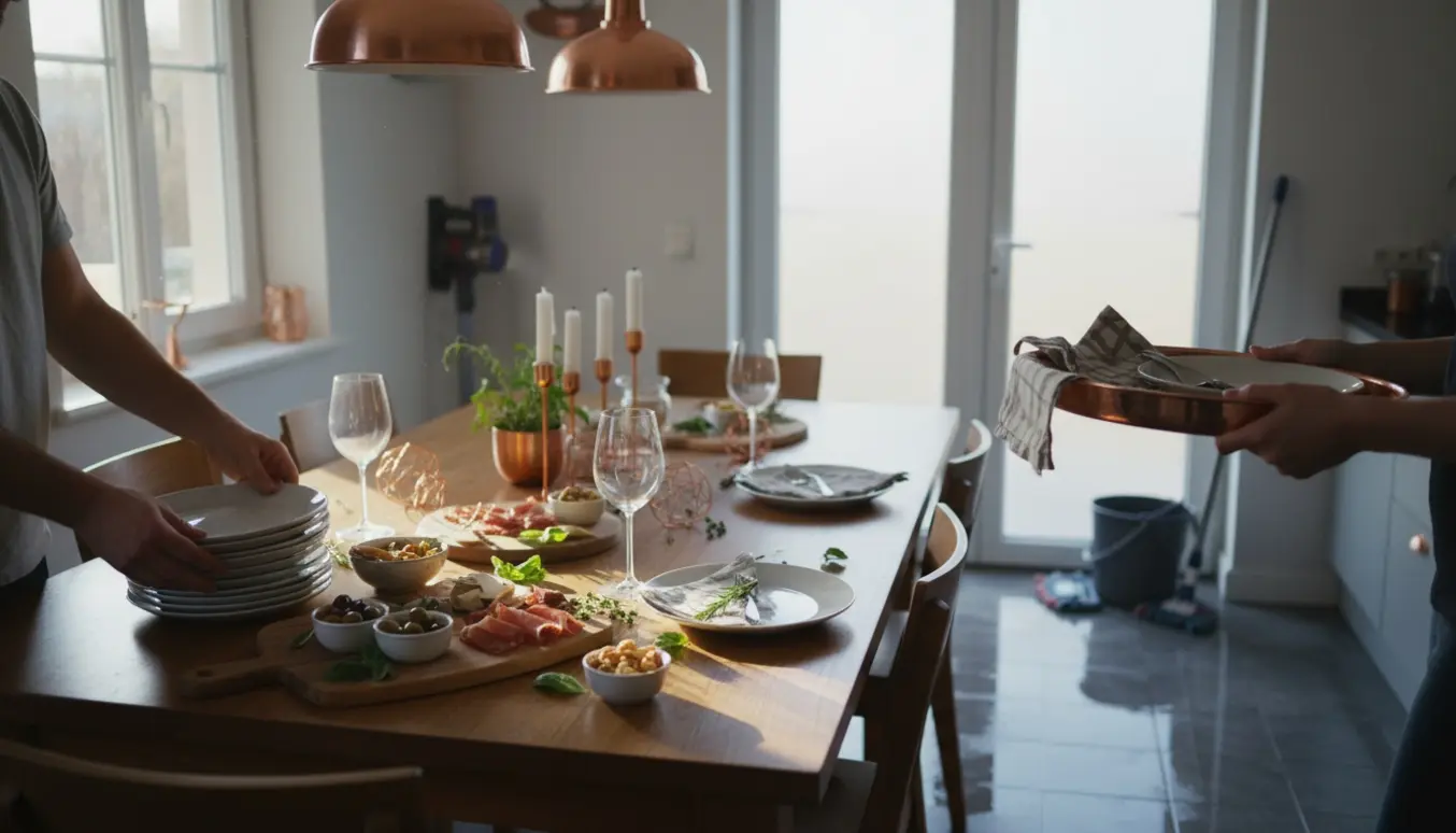 Hænder rydder tallerkener og sætter snacks frem ved et tapasbord efter kobberbryllup, med opvaskemaskine og rengøringsudstyr i baggrunden.
