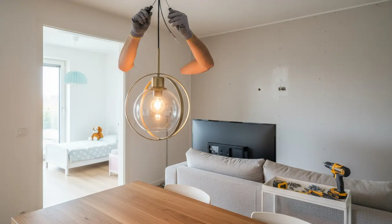 To loftlamper monteres og TV-ophæng flyttes på en gipsvæg med værktøj og specialskruer synligt.
