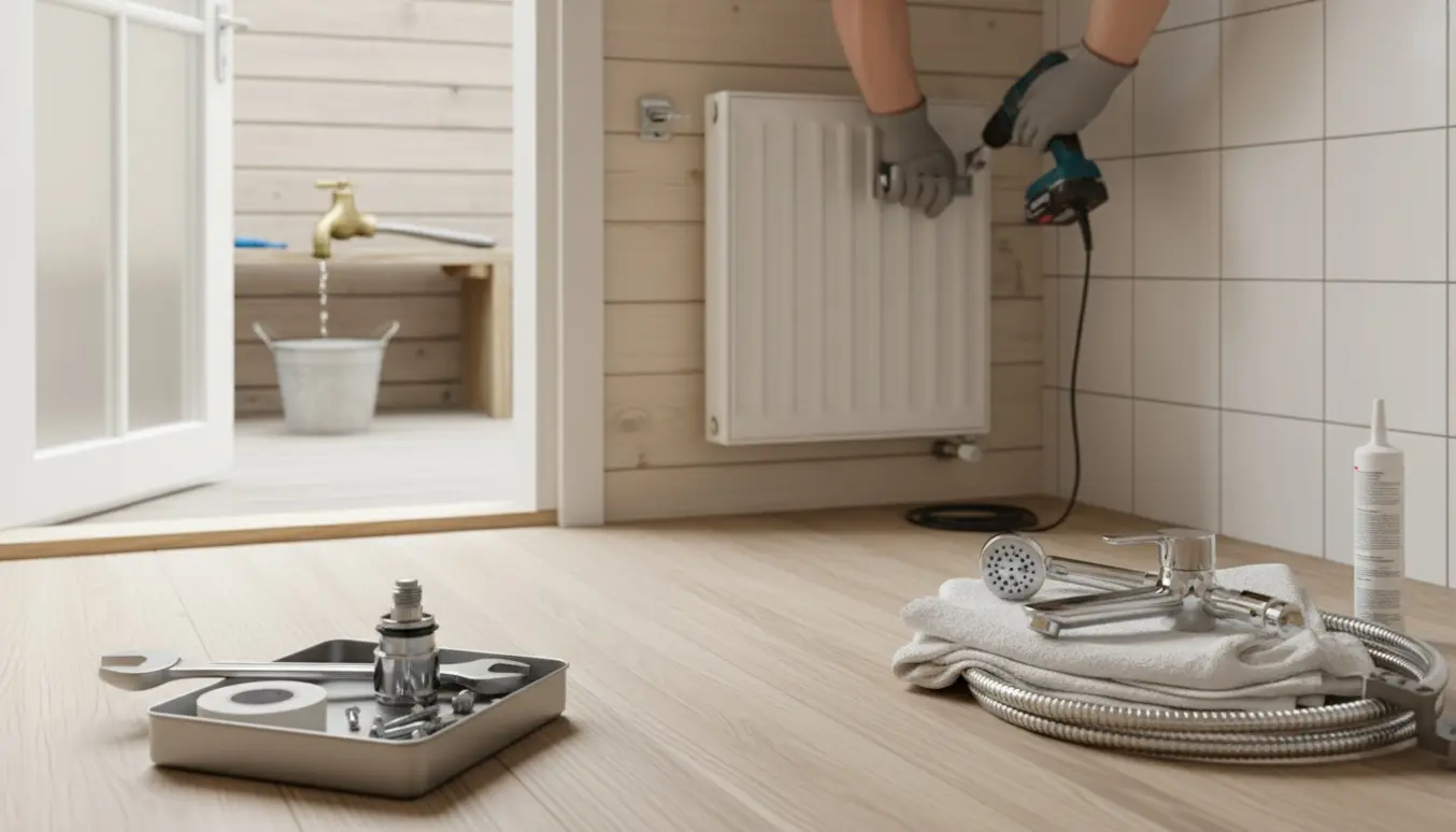 Badeværelse i sommerhus med elradiator under montering, nyt blandingsbatteri og en utæt udendørshane udenfor.