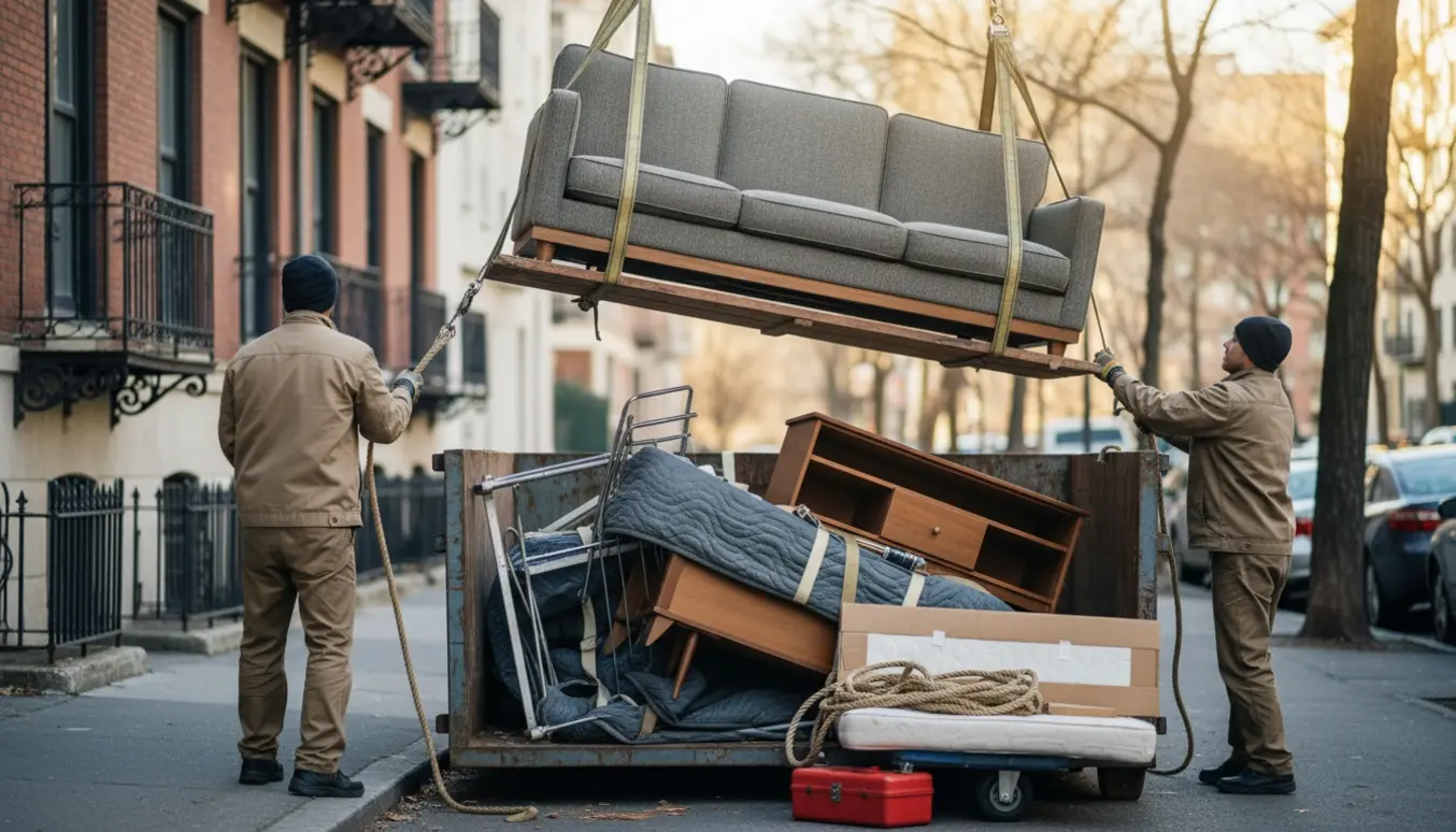 Møbler fra 3. sal sænkes med hoist mod en container på lossepladsen, mens flytteudstyr ligger klart på fortovet.