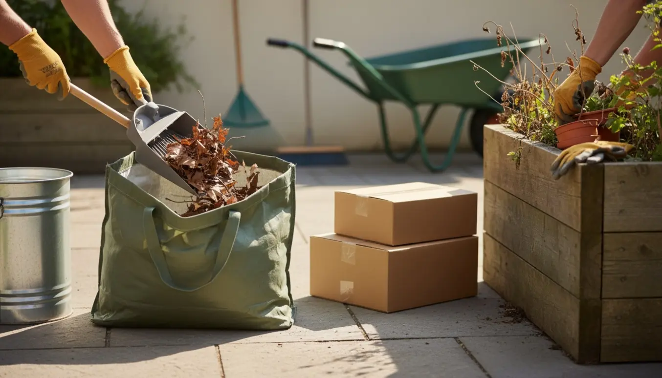 Hænder fejer blade og rydder døde planter i en lille for-/baghave ved en plantekasse og container.