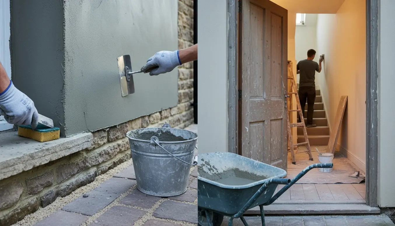 Udendørs pudsearbejde ved ny flisebelægning og indendørs småreparationer efter flytning af trappe.