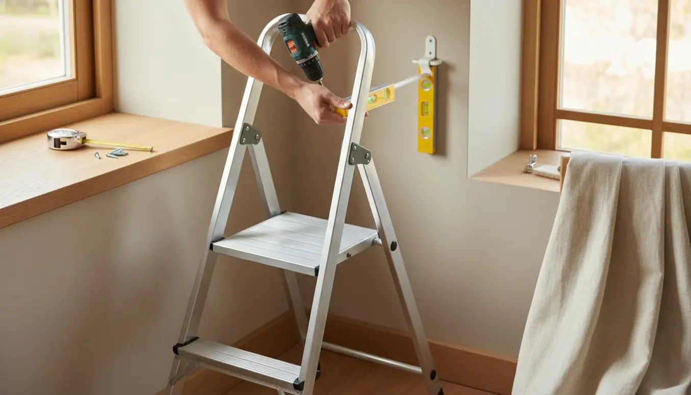 En person på en stige monterer en gardinstang højt ved loftet i et lyst, neutralt indrettet rum.