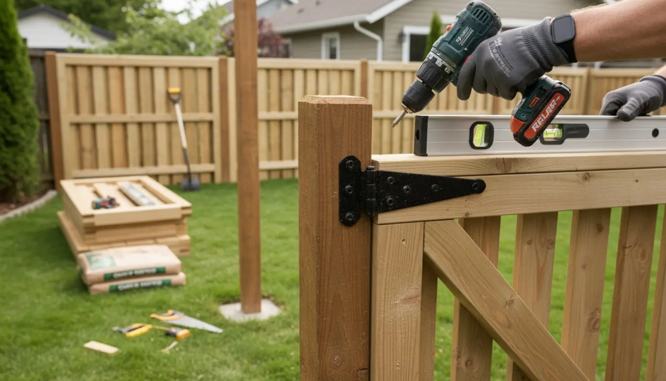 Håndværker monterer træhegn og havelåge i en baghave med værktøj og materialer i fokus.