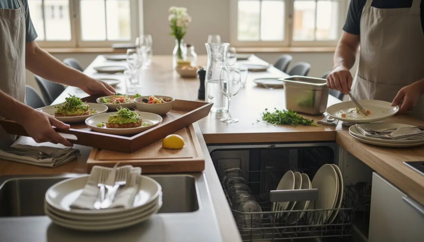 Hænder anretter og serverer tallerkener mens brugte tallerkener skrabes af og lægges i opvasken i et lyst, moderne køkken.
