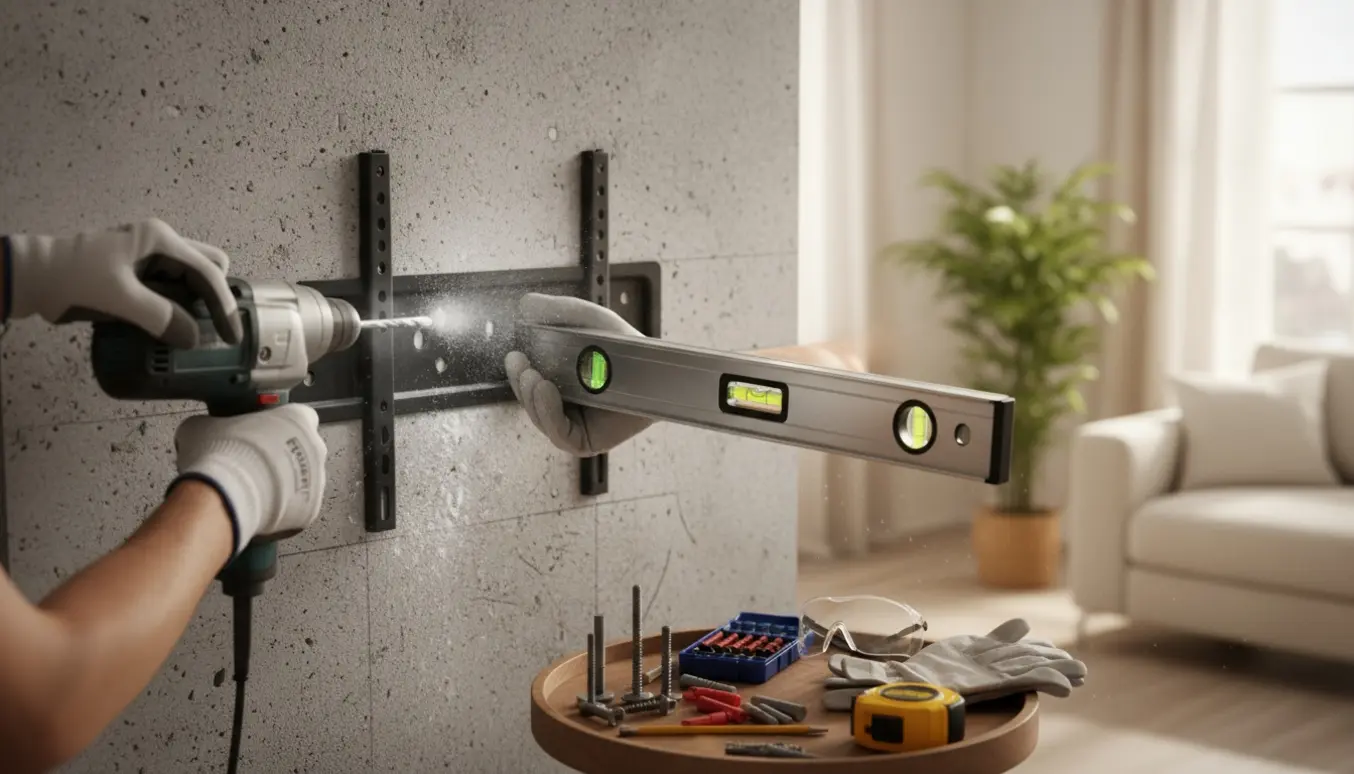 Hænder med borehammer monterer et TV-beslag på en gasbetonvæg med skruer og rawlplugs på en bakke.