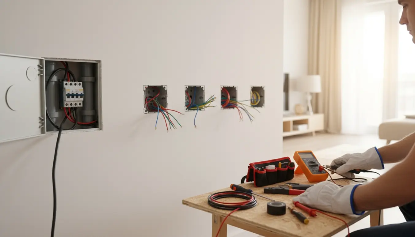 En elektriker trækker kabel fra en ubrugt sikring i eltavlen og installerer ekstra stikkontakter i en lejlighed.