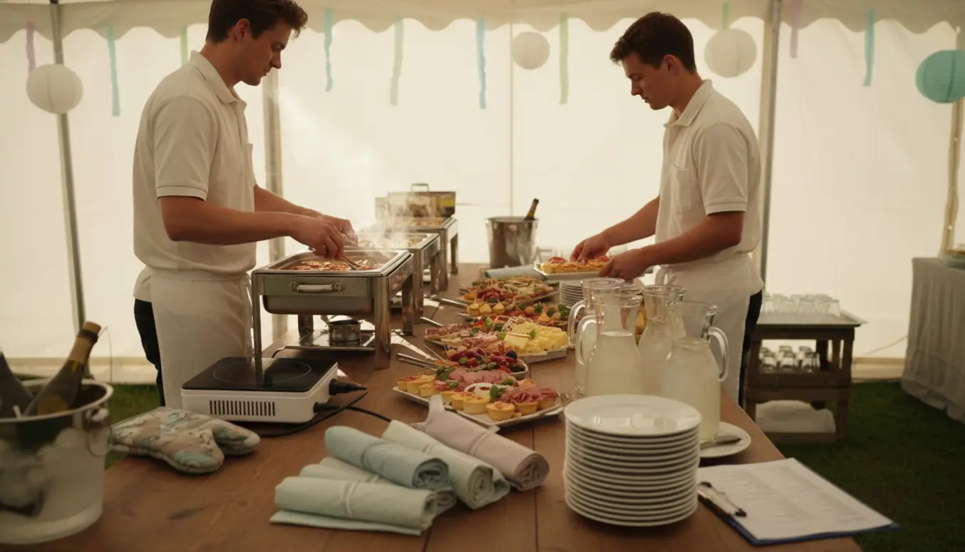 To hjælpere forbereder buffet og velkomstdrinks i et hvidt festtelt til en konfirmation.