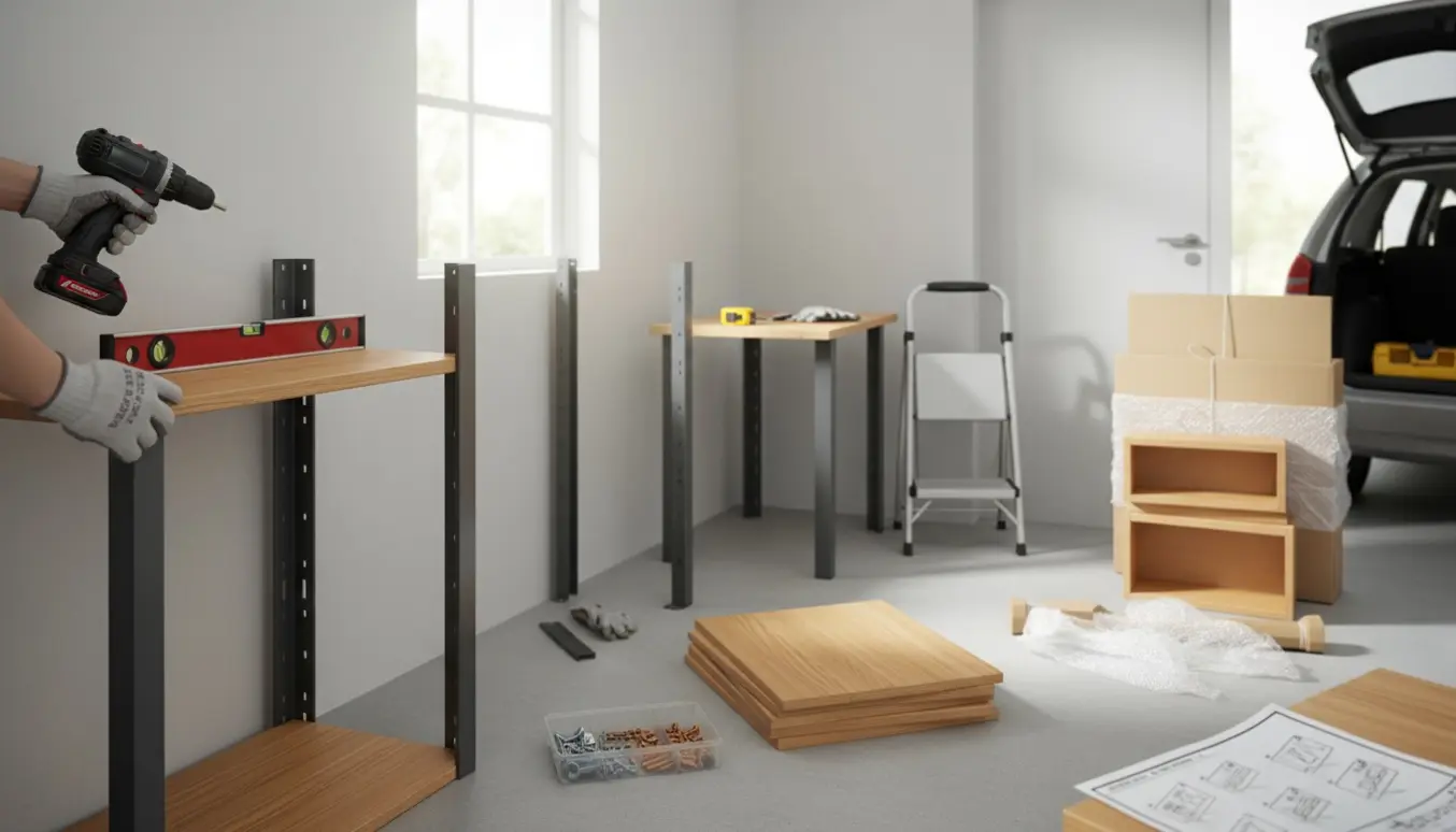 Hænder samler og monterer to reoler i et lyst rum med værktøj og bundtet pap og plastik klar til bortkørsel.