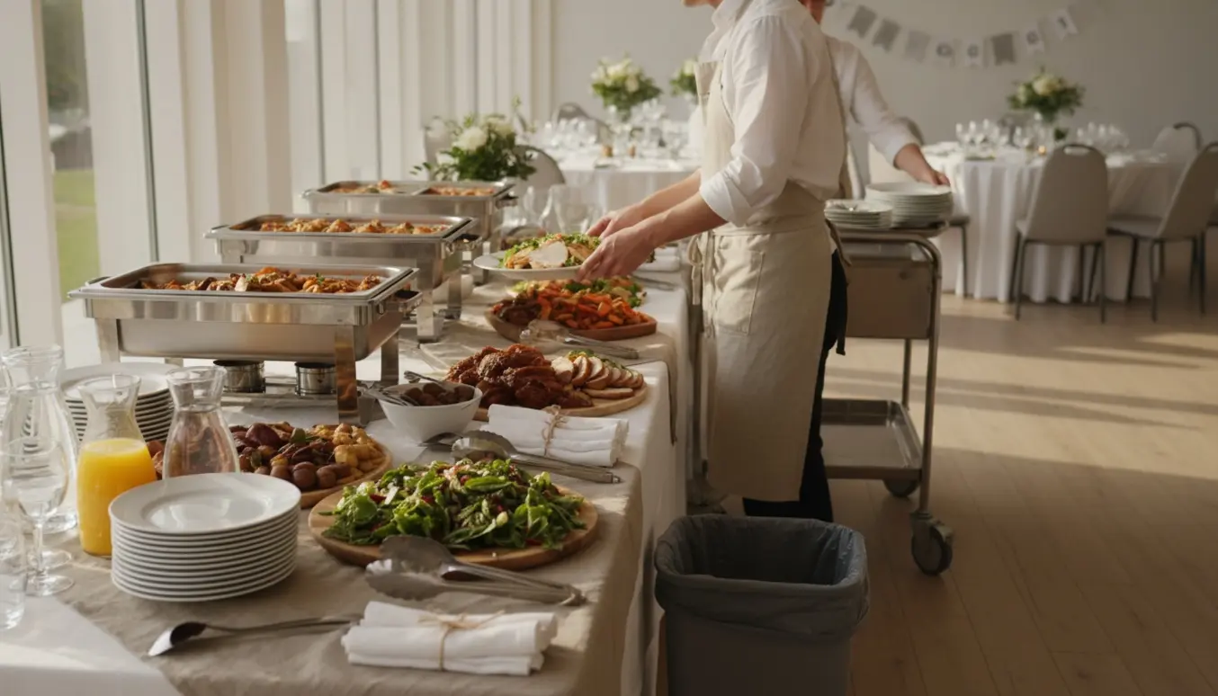 To personer i forklæder klargør buffetbord og rydder service til en konfirmationsfest.