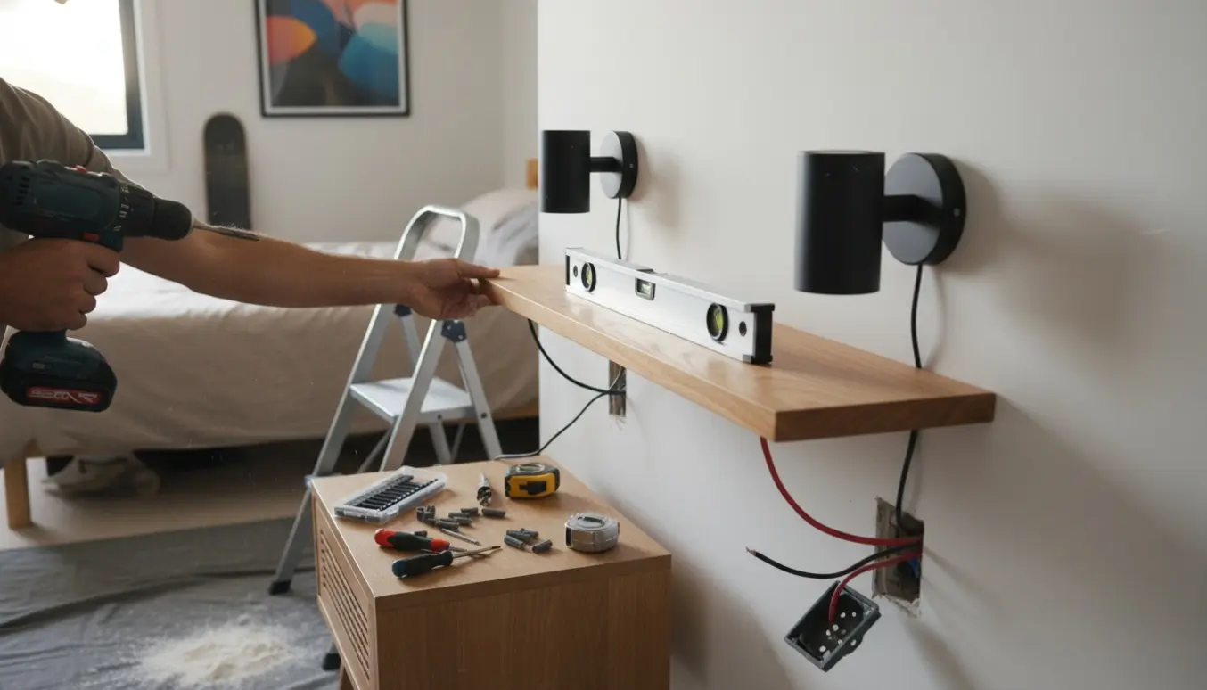 Håndværker monterer reol, stikkontakt og to udendørslamper på en gipsvæg i et teenageværelse.