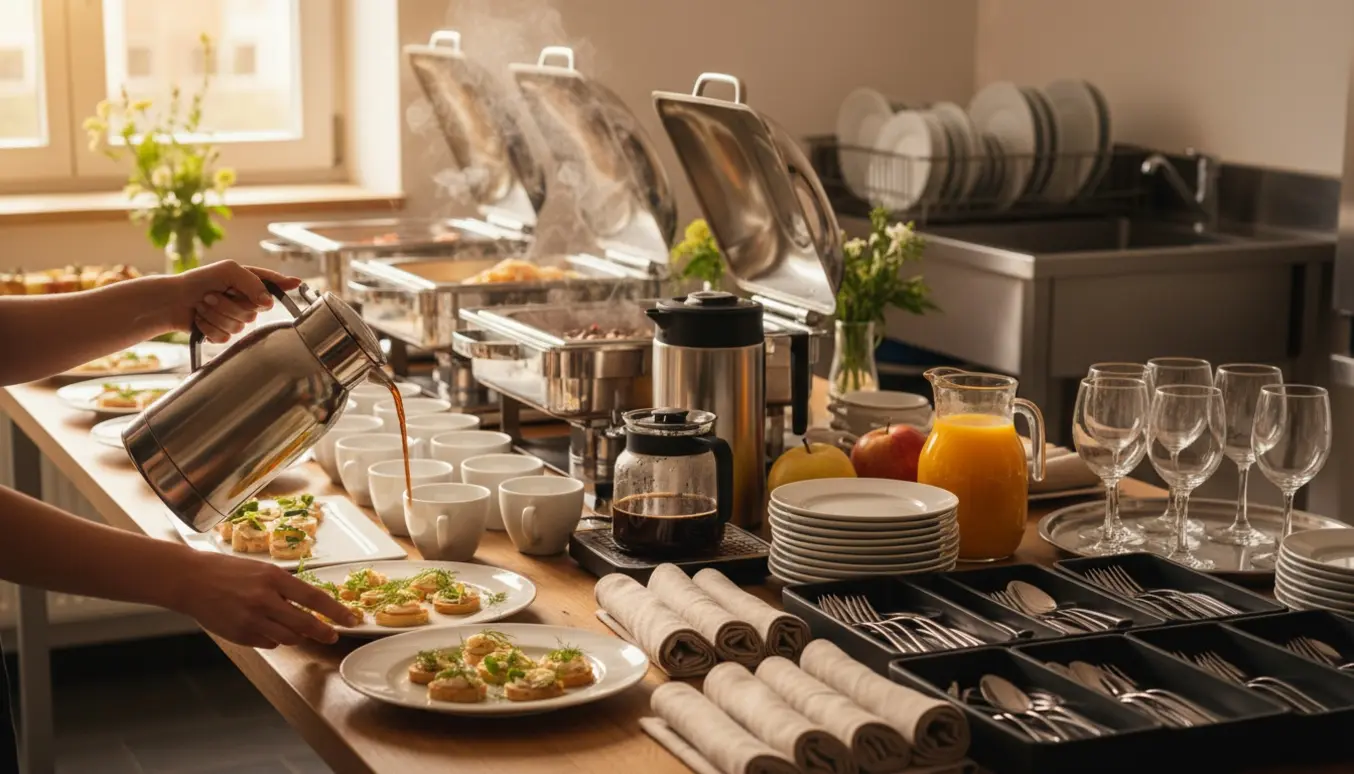Buffetbord og køkkenstation med hænder, der anretter mad, fylder op og brygger kaffe til en konfirmation.