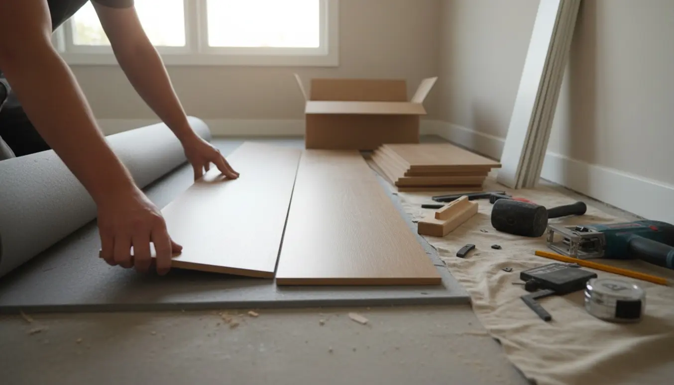 Hænder lægger laminatgulv i et lyst anneks med underlag, planker og sandlister synlige.