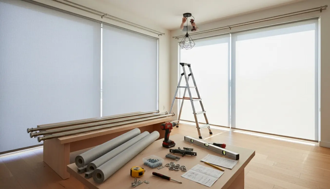 Installationsscene med gardinstænger, rullegardiner og en lampe i et lyst, moderne rum.