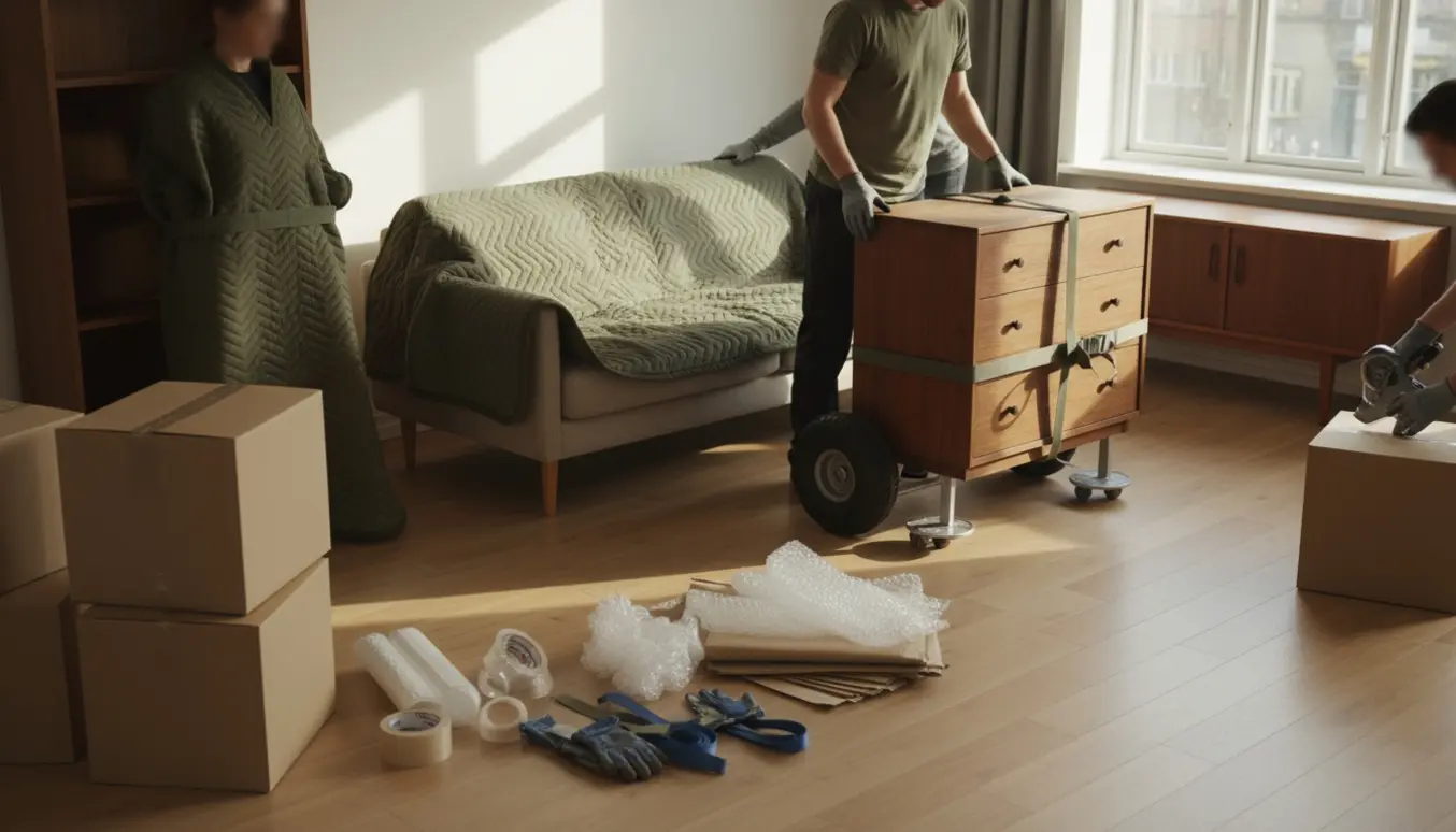 Flyttefolk pakker og læsser reol, skænk, sofa og kommode i en lys stue med flyttekasser.