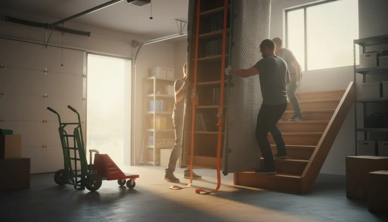 To folk bærer en stor indpakket reol op ad en trappe fra garage til 1. sal med flyttetæpper og flytteudstyr.