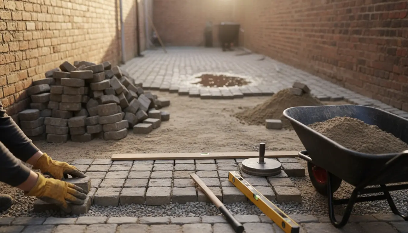 Baggård med chaussesten, hvor sten er taget op og glovede hænder genlægger sten på sandlag.