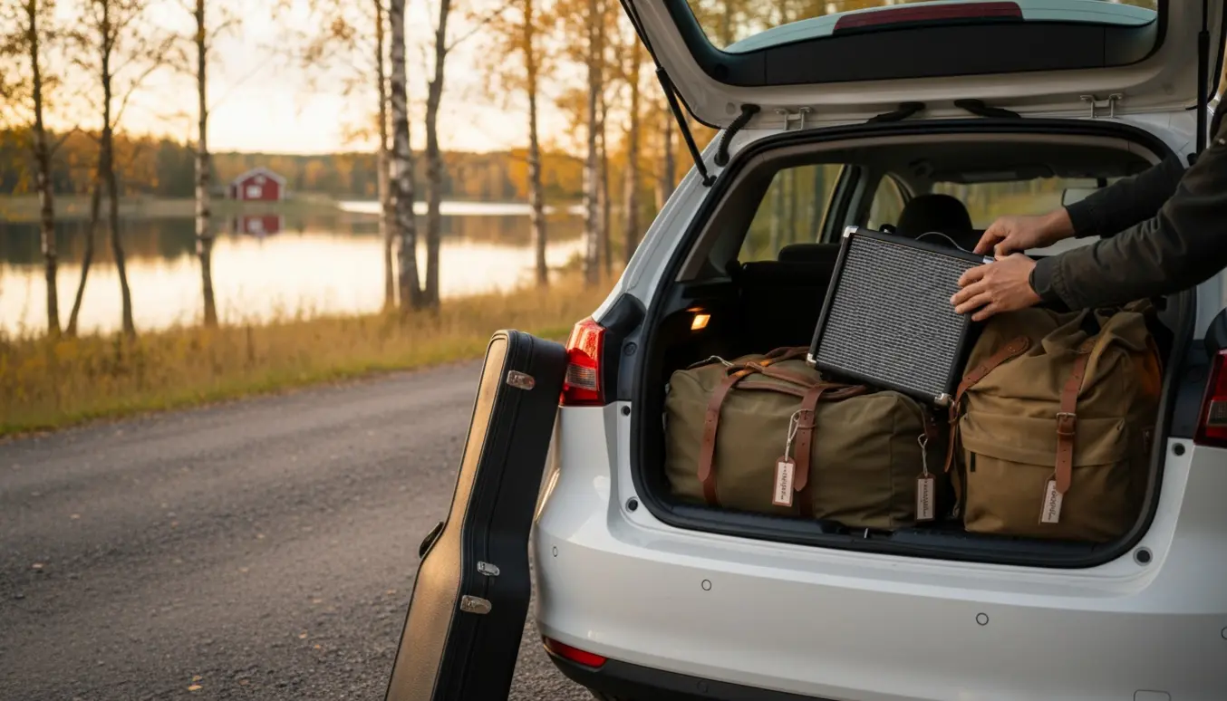 Bagagerummet på en mellemstor bil med guitar, forstærker og tasker klar til kørsel til Sverige.