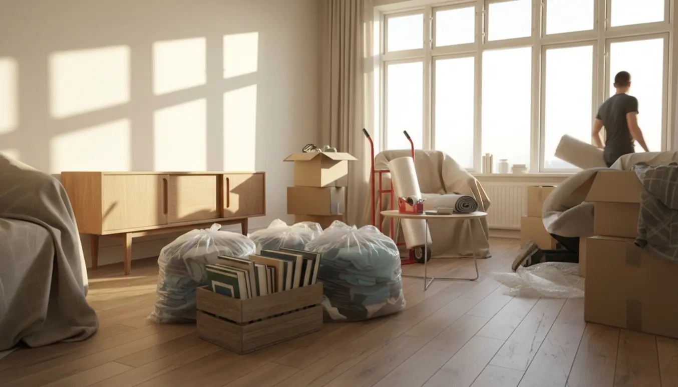 Lys stue med flyttekasser, ølkasse med bøger, sække med tøj, sofabord og skænk under en flytning.