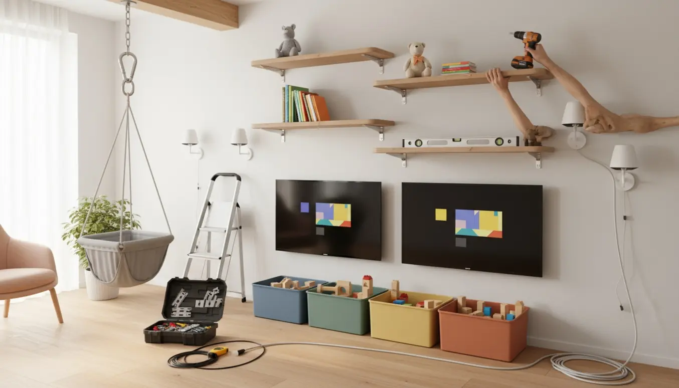 Værktøj og hænder montere reoler, lamper og fjernsyn i et lyst børneområde med børnekasser og gyngestop.