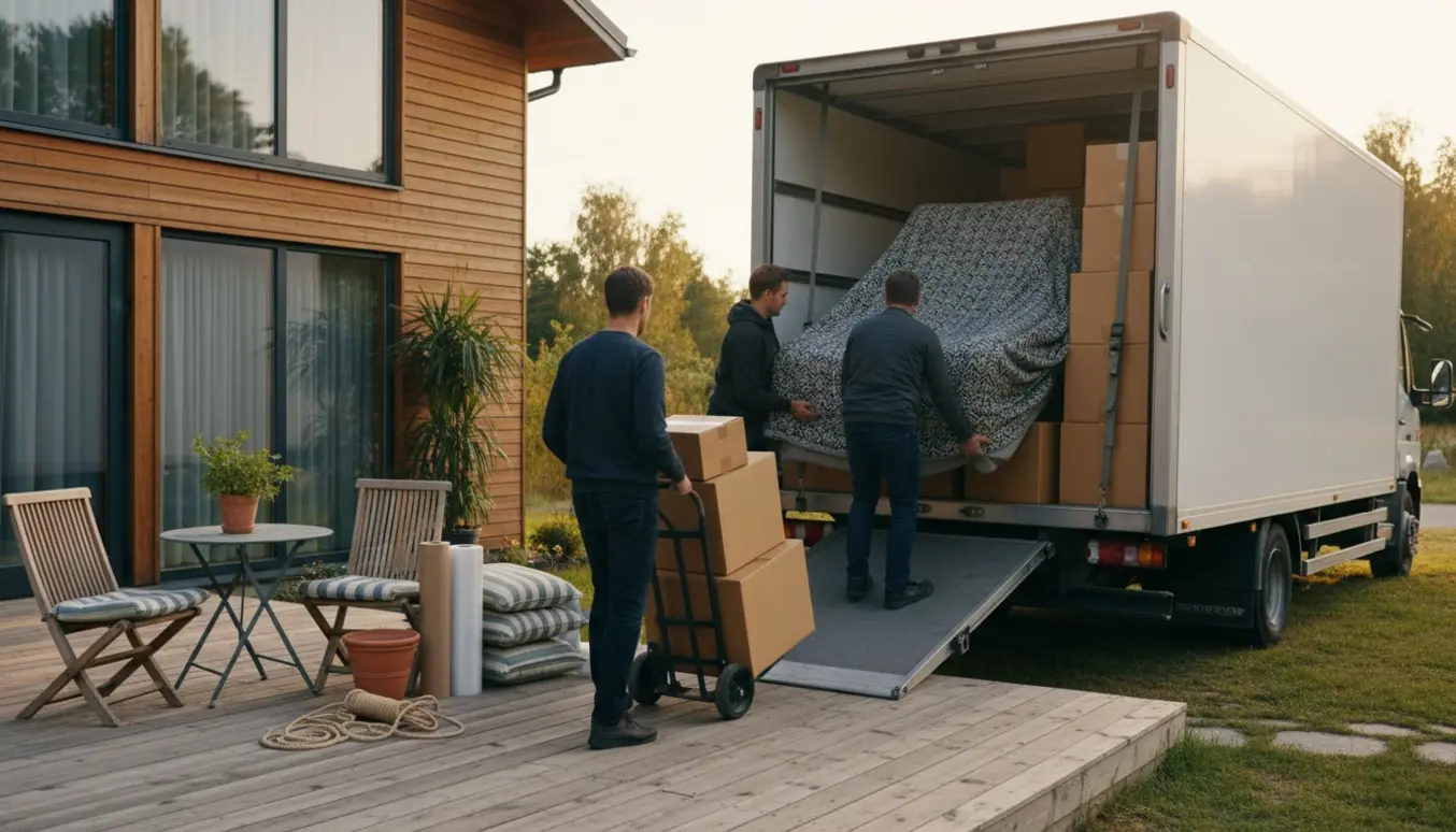 Flyttefolk læsser møbler og flyttekasser i en åben flyttevogn foran et hus i varmt eftermiddagslys.